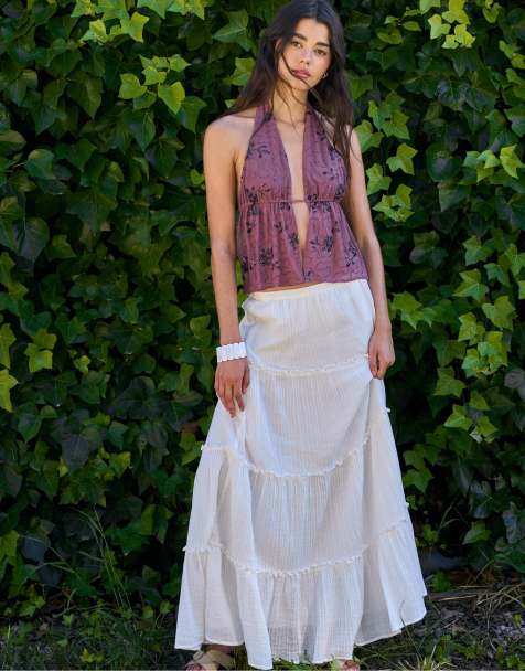Stradivarius Long panelled skirt in white