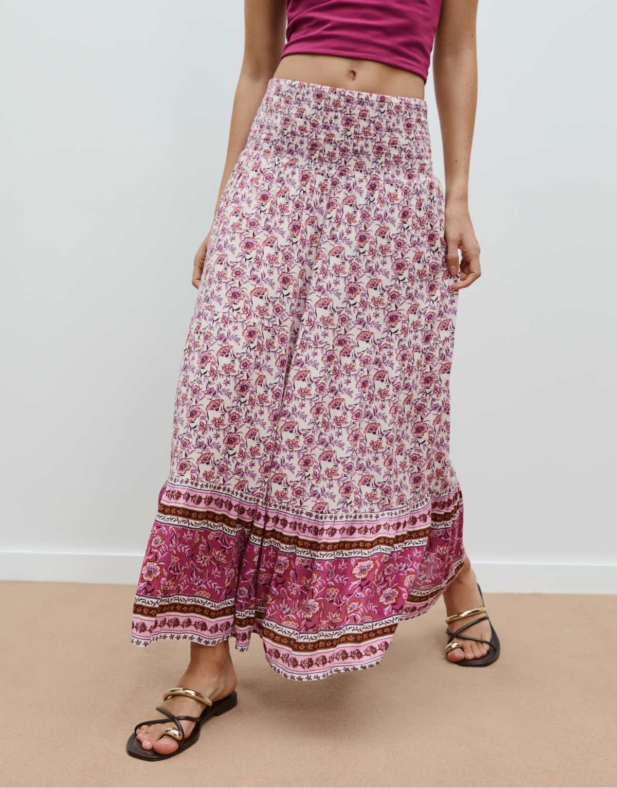 Stradivarius Long printed skirt in light pink