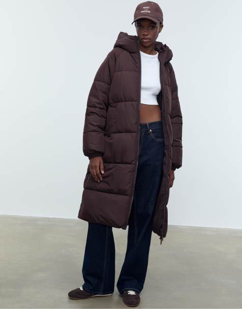 Stradivarius Long puffer coat in brown - view 1