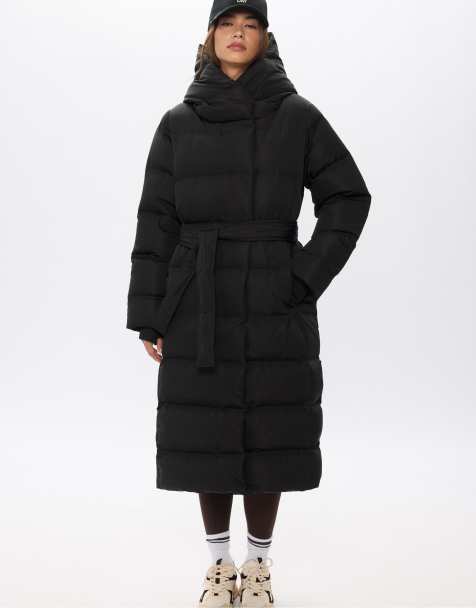 Stradivarius Long puffer down coat with belt in black - view 1
