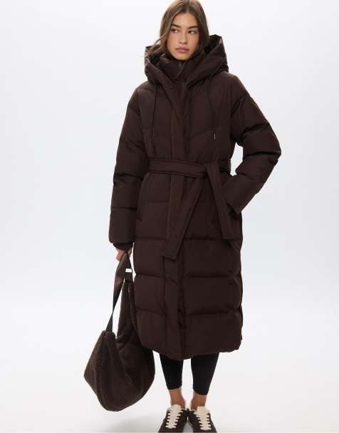 Stradivarius Long puffer down coat with belt in brown - view 1