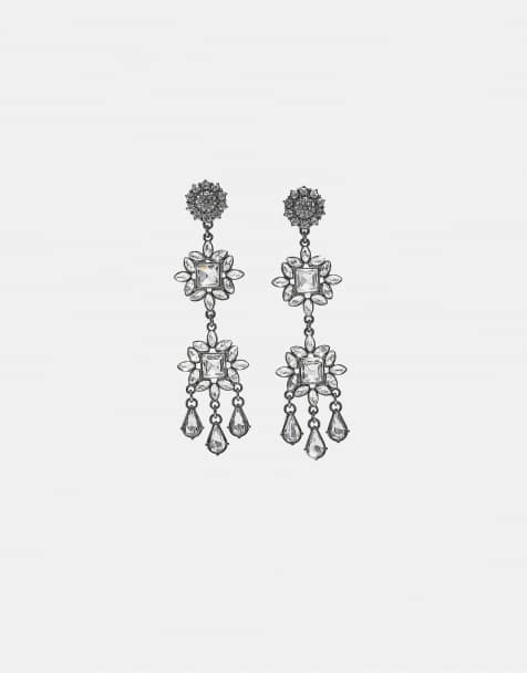 Stradivarius Long rhinestone drop earrings in grey - view 1