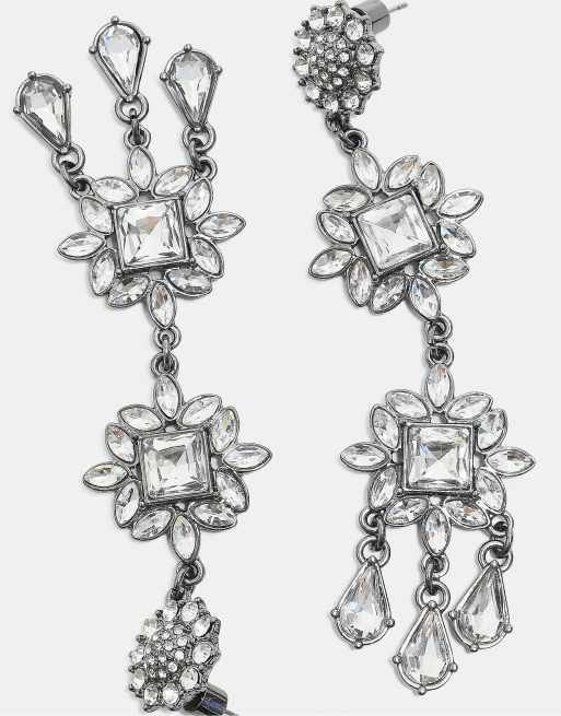 Stradivarius Long rhinestone drop earrings in grey, 4 of 4