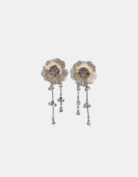 Stradivarius Long rhinestone flower earrings in gold - view 1