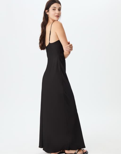 Women's Seamless Long Camisole Dress - Stretchy Polyester Slip Dress (Black)