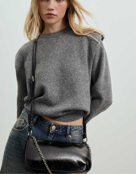 Stradivarius Long shoulder bag with chain in black - view 1