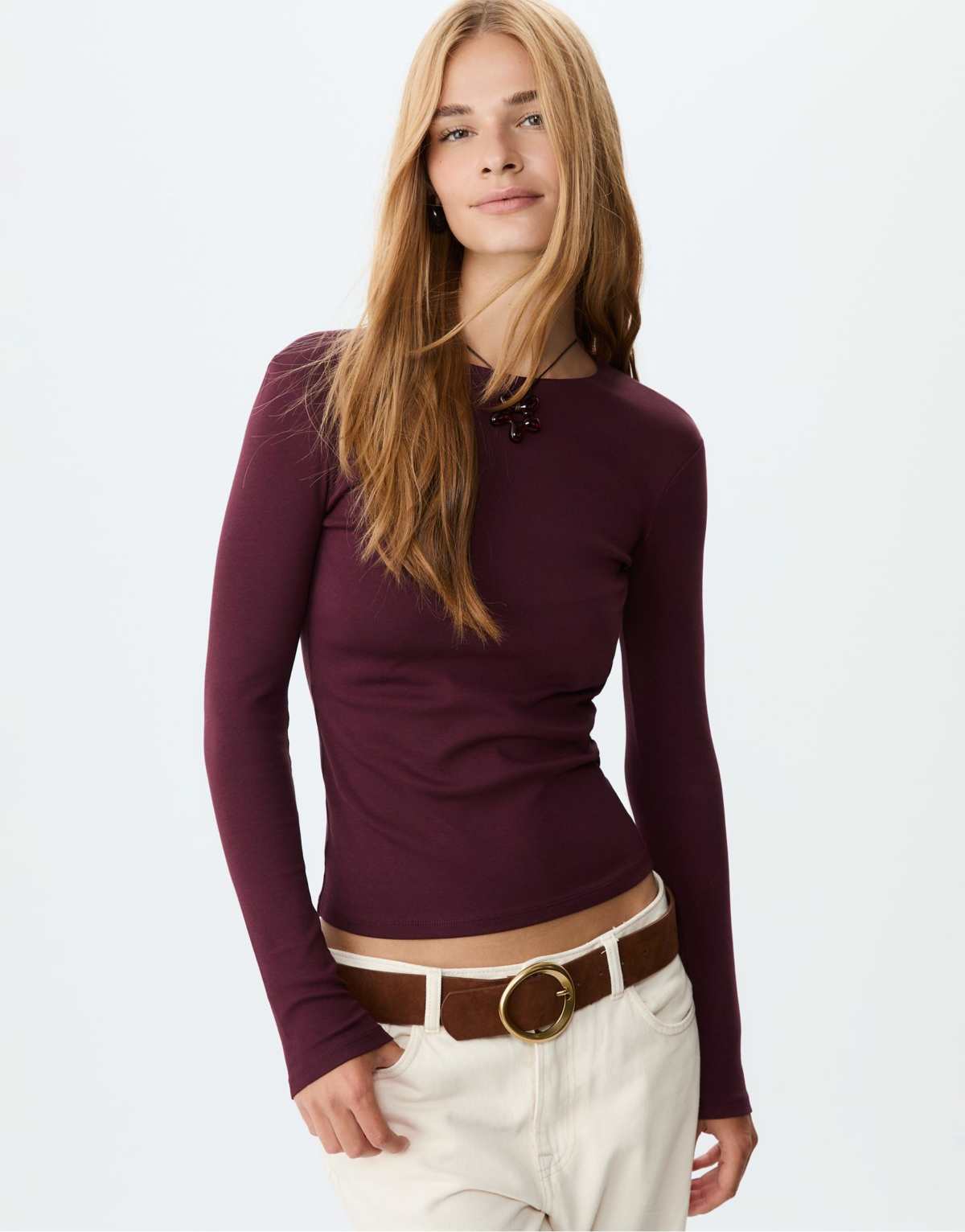 Stradivarius Long sleeve basic t-shirt in aubergine
