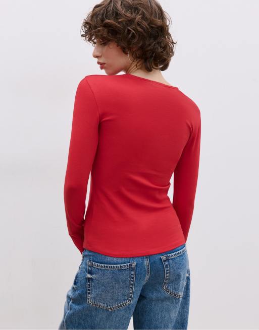 Sherosa Women's Long Sleeve Crew Neck T-Shirt | Basic Tee Top In Rust Red – Size X-Large, Soft Stretch Fabric - View #8