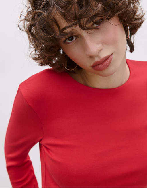 Stradivarius Long sleeve basic t-shirt in red, 3 of 4