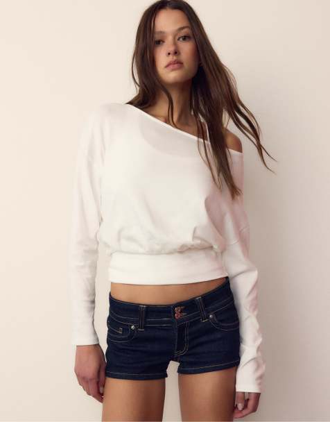 Stradivarius Long sleeve boat neck t-shirt with band in ecru - view 1