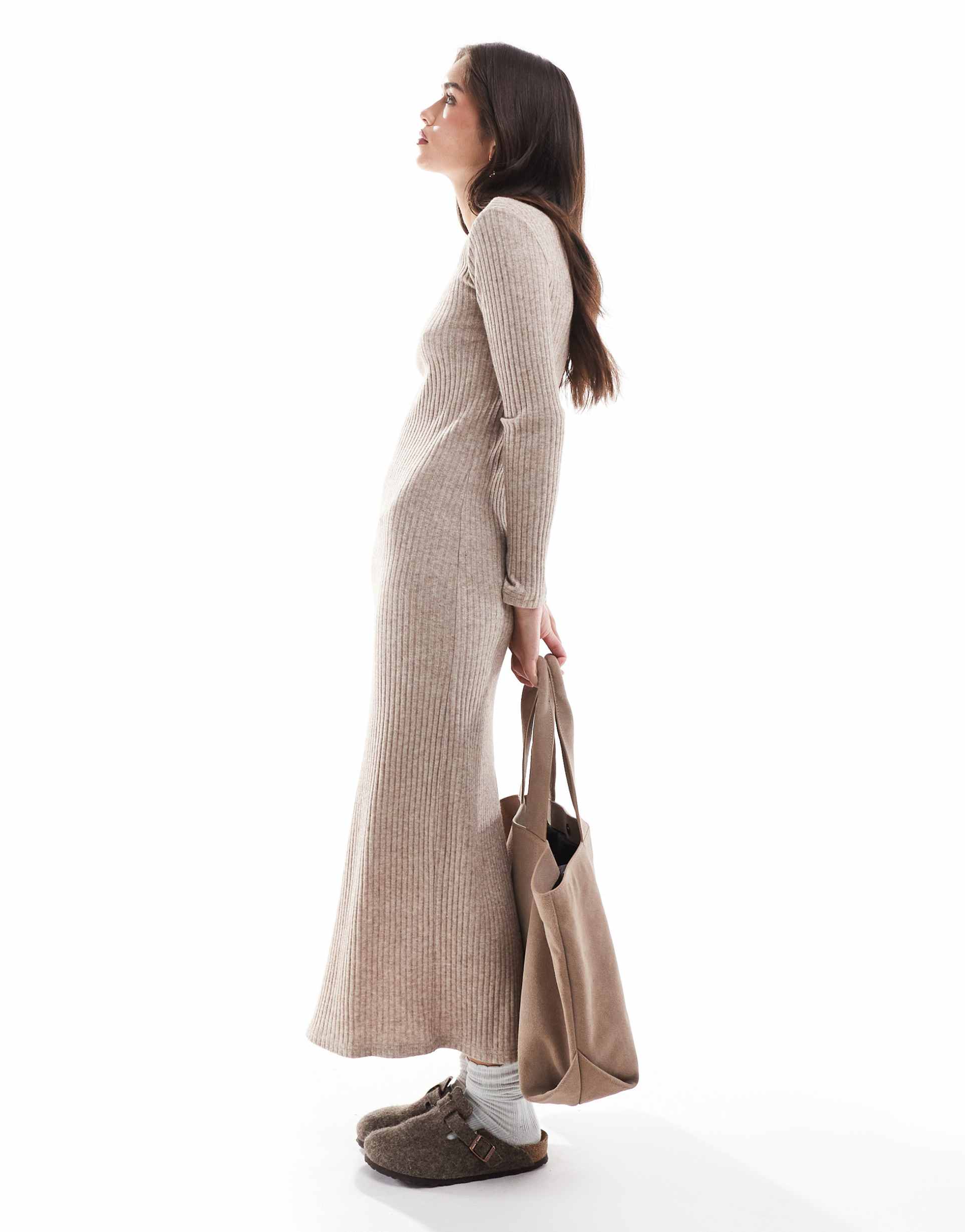 stradivarius long sleeve brushed midi dress in beige