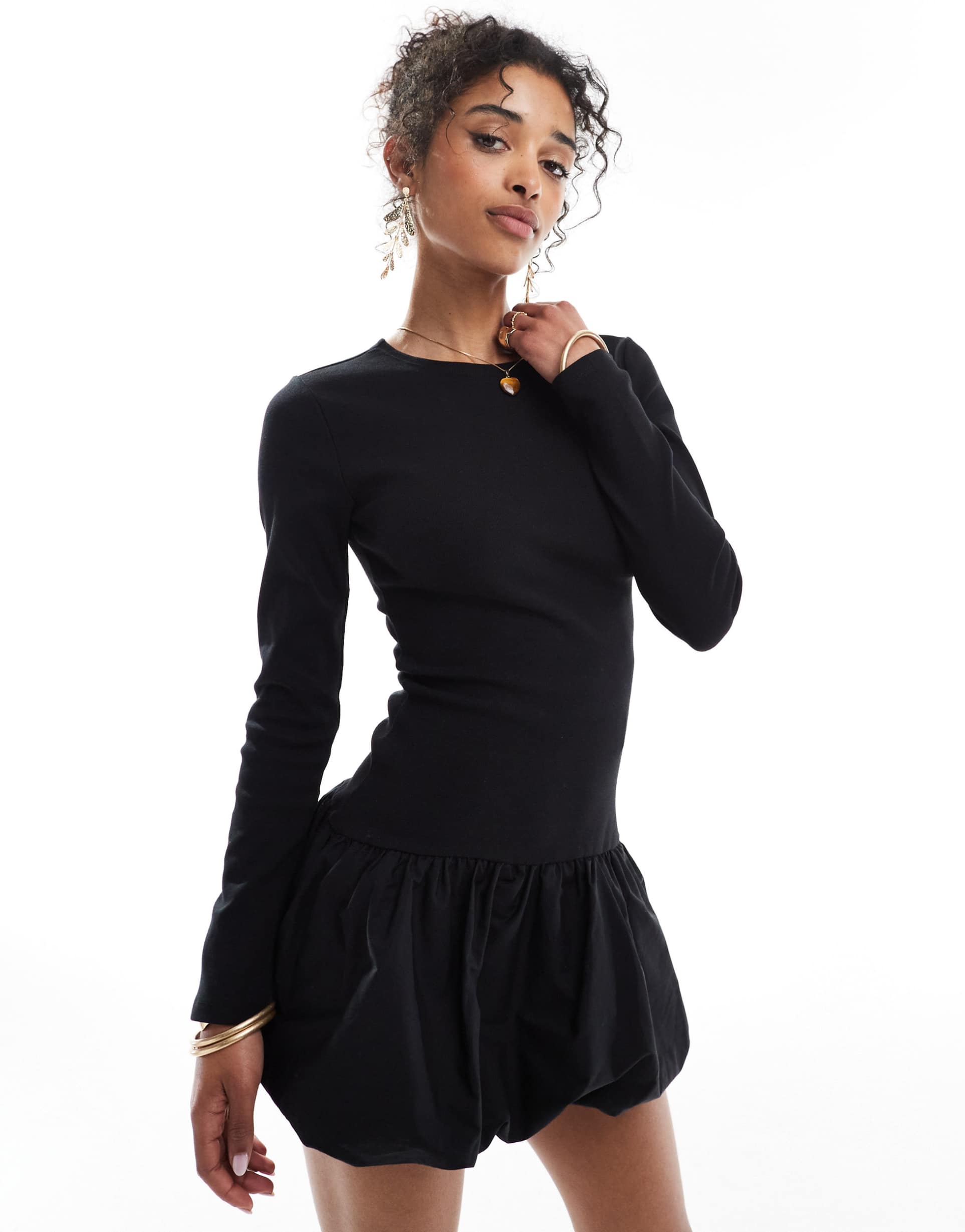 stradivarius long sleeve bubble hem mini dress in black