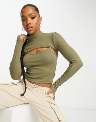 Stradivarius long sleeve cut out top in olive