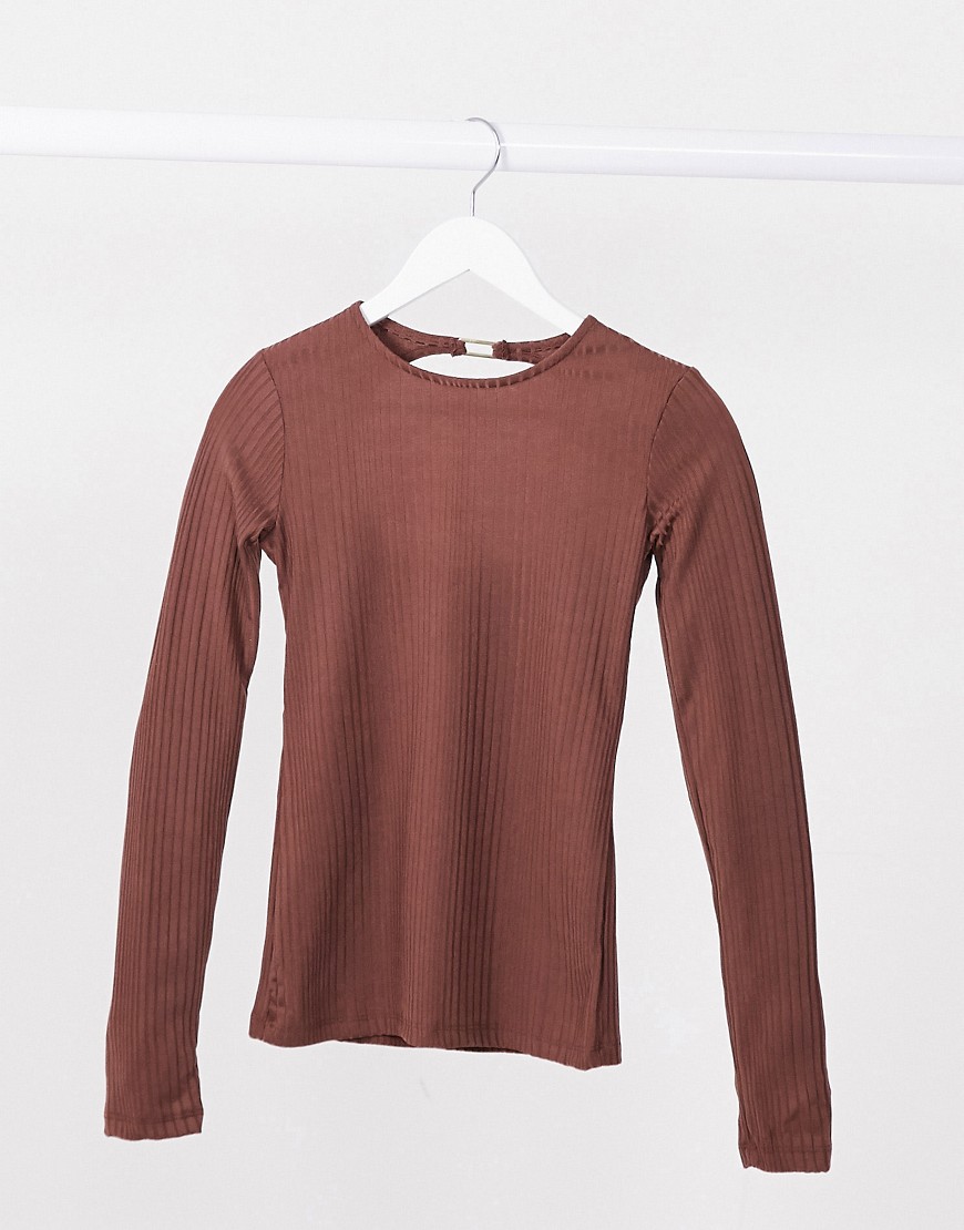 Stradivarius long sleeve jersey top with open back detail in brown