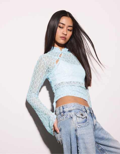 Stradivarius Long sleeve lace t-shirt in sky blue