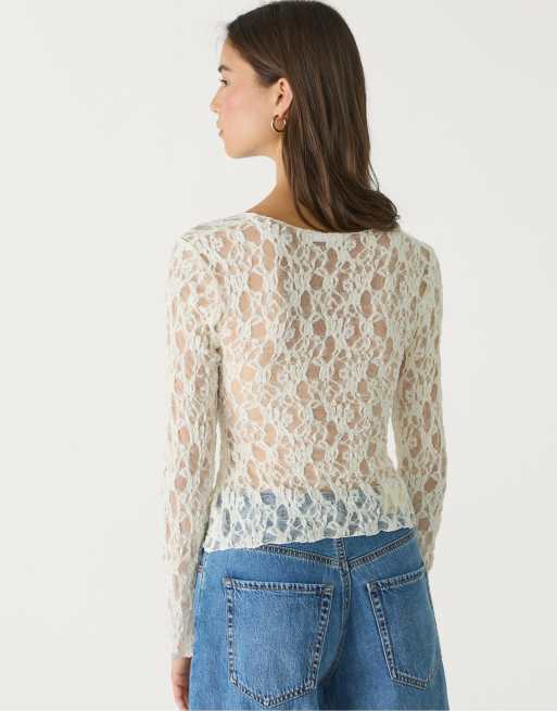 Stradivarius long sleeve lace t-shirt in vanilla ASOS