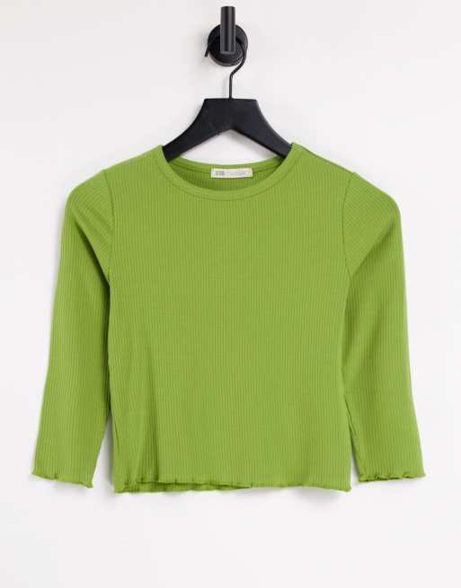 Stradivarius long sleeve lettuce edge top in olive green