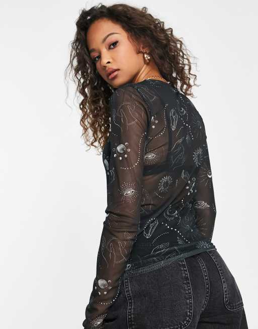 Stradivarius long sleeve mesh top in black celestial print