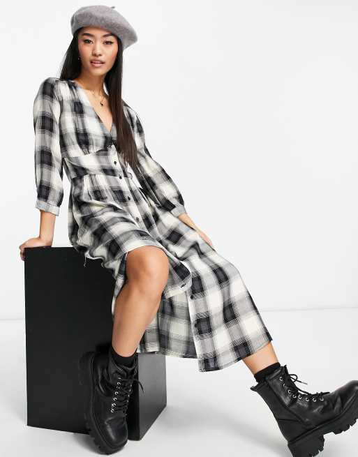 Stradivarius long sleeve midi dress in check