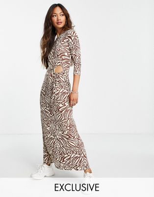 Stradivarius long sleeve midi dress with cut out detail in abstract animal