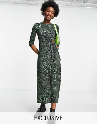 Stradivarius long sleeve midi dress with cut out detail in green swirl print