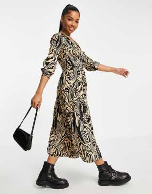 Stradivarius long sleeve midi satin dress in swirl print