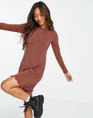 Stradivarius long sleeve mini dress in retro orange spot - ASOS Price Checker