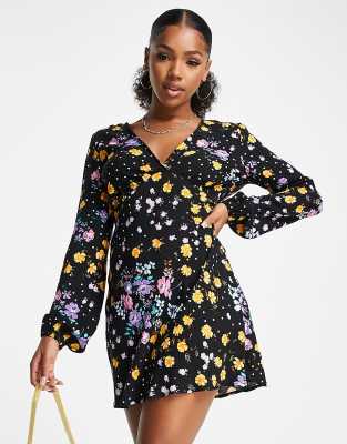 long sleeve mini tea dress in mixed floral print-Multi