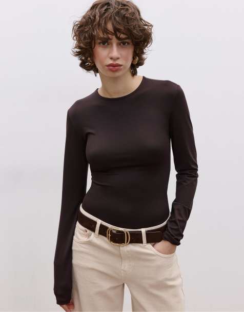 Stradivarius Long sleeve polyamide bodysuit in brown - view 1