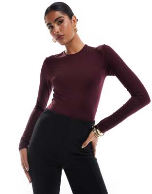 Stradivarius Long Sleeve Polyamide Bodysuit In Burgundy-red