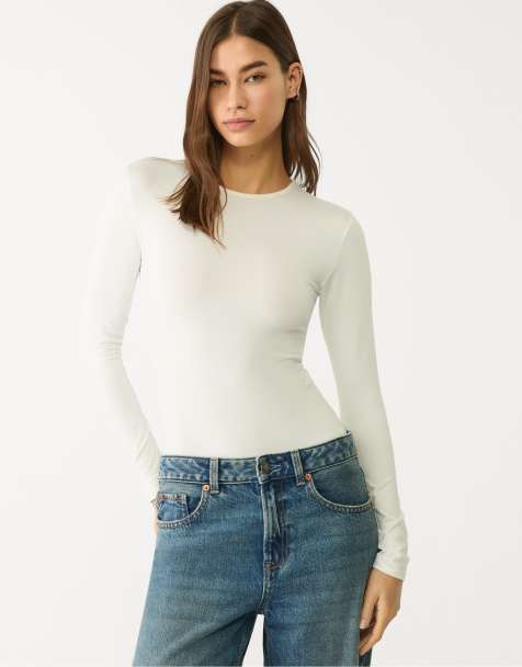 Stradivarius long sleeve polyamide bodysuit in ecru - view 1
