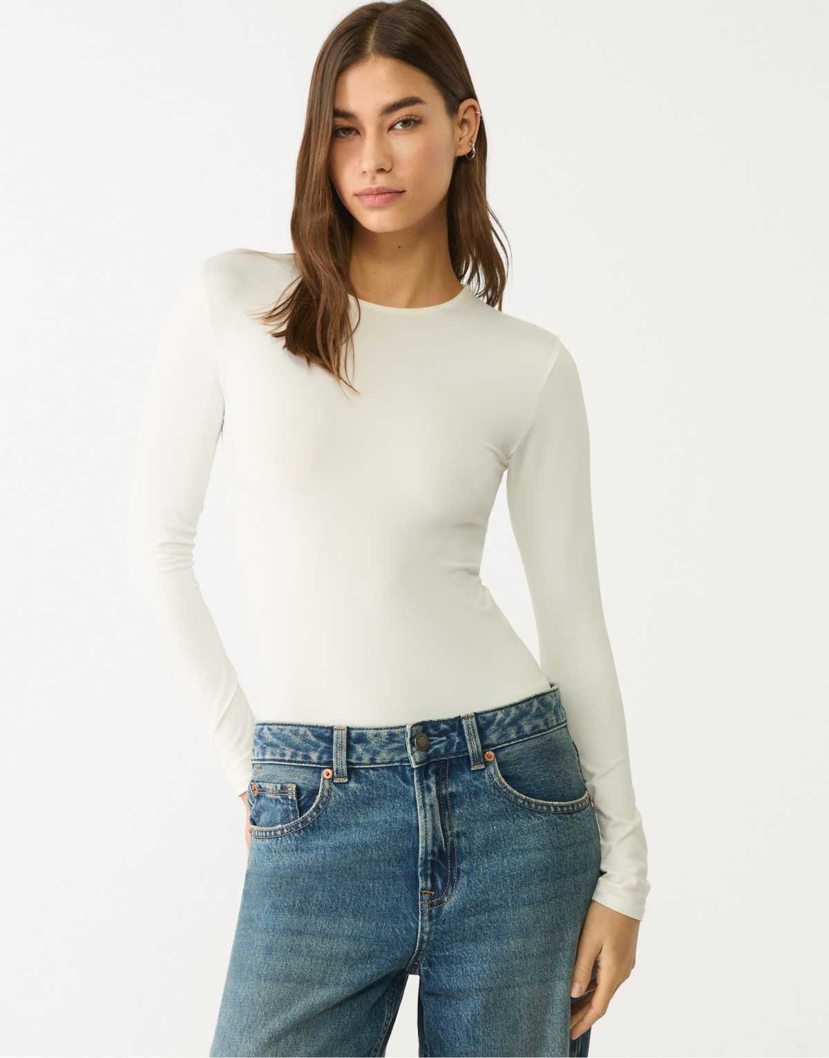 Stradivarius long sleeve polyamide bodysuit in ecru