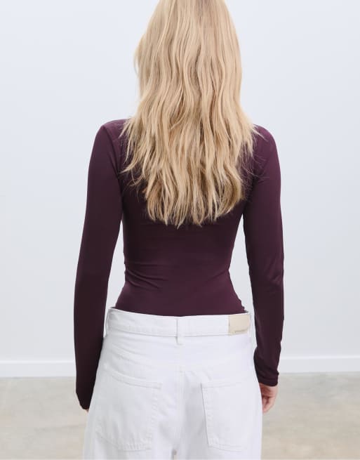 Stradivarius Long sleeve polyamide bodysuit in purple, 4 of 4