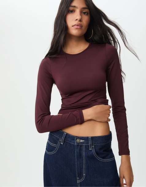 Stradivarius Long sleeve polyamide t-shirt in dark burgundy
