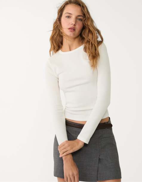 Stradivarius long sleeve ribbed t-shirt in ecru - view 1