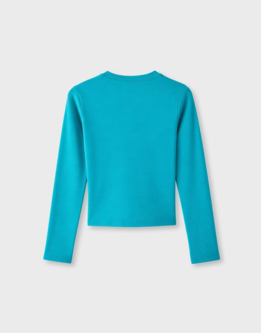 Stradivarius Long sleeve round neck t-shirt in turquoise, 7 of 7