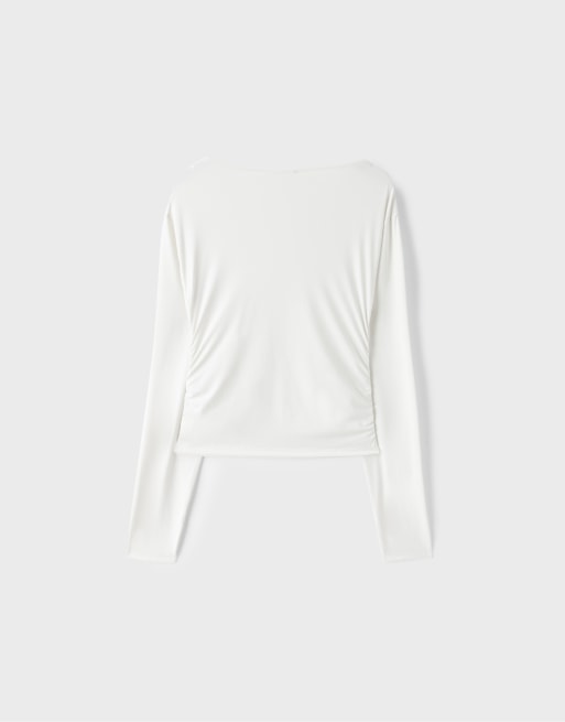 Stradivarius Long sleeve ruched top in ecru, 7 of 7