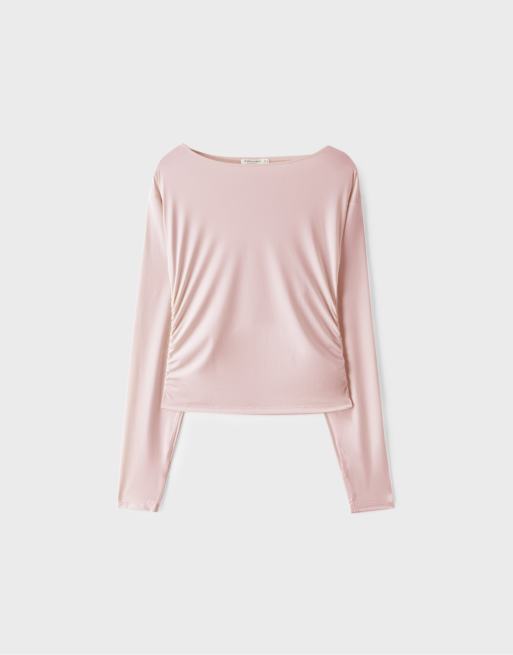 Stradivarius Long sleeve ruched top in pastel pink, 6 of 7