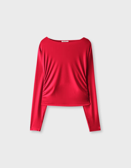 Stradivarius Long sleeve ruched top in red, 6 of 7