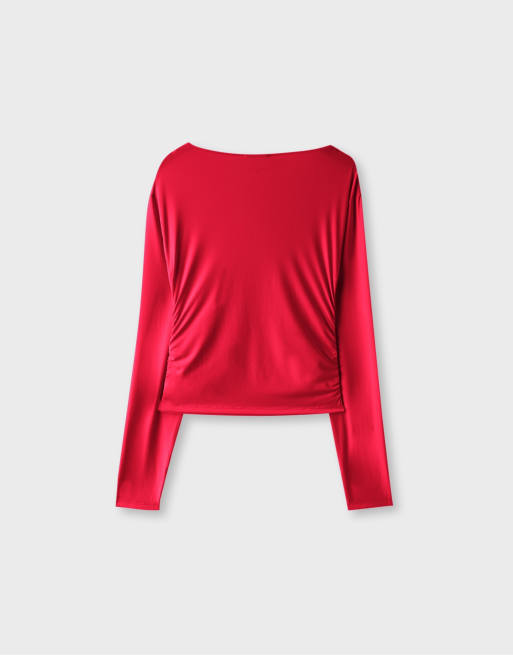 Stradivarius Long sleeve ruched top in red, 7 of 7