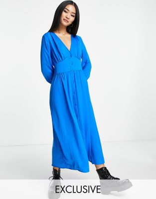 Stradivarius long sleeve satin midi dress in blue | ASOS