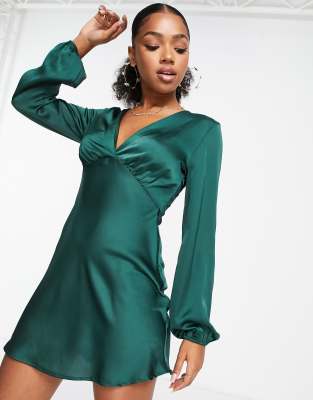 Stradivarius long sleeve satin mini tea dress in forest green