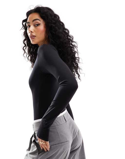 Stradivarius seamless long sleeve bodysuit in charcoal