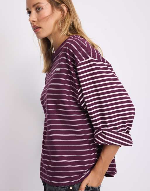 Stradivarius Long sleeve striped slogan t-shirt in dark purple, 2 of 7