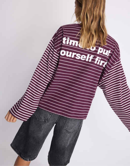 Stradivarius Long sleeve striped slogan t-shirt in dark purple, 3 of 7