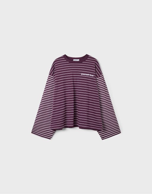 Stradivarius Long sleeve striped slogan t-shirt in dark purple, 6 of 7