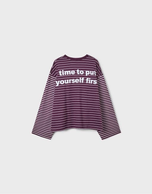 Stradivarius Long sleeve striped slogan t-shirt in dark purple, 7 of 7