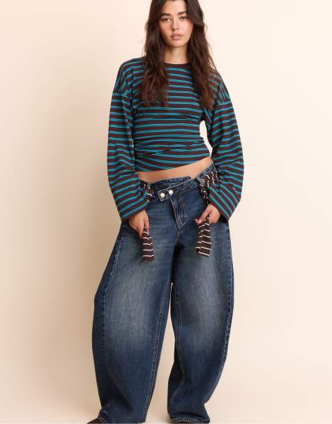 Stradivarius Long sleeve striped t-shirt with ruched waist in brown - view 1