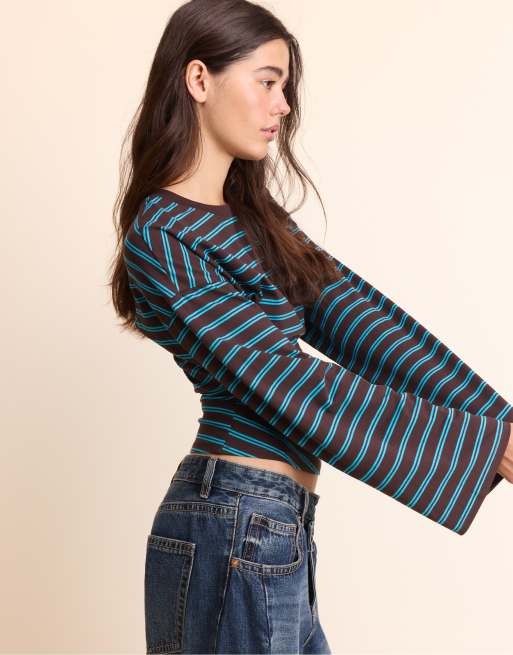 Stradivarius Long sleeve striped t-shirt with ruched waist in brown, 2 of 7