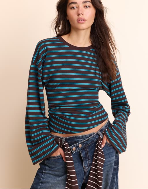 Stradivarius Long sleeve striped t-shirt with ruched waist in brown, 5 of 7